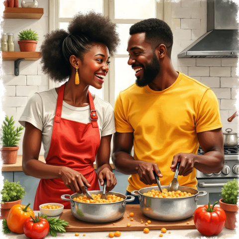 couple cooking in kitchen