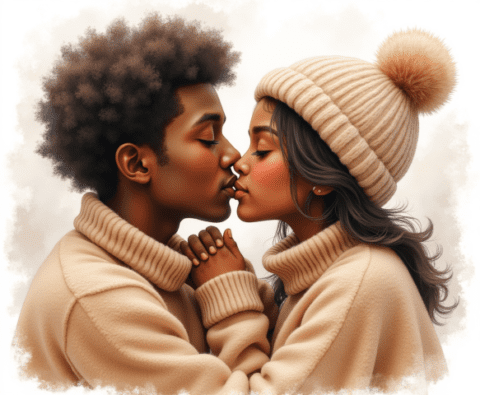 couple kissing winter sweaters