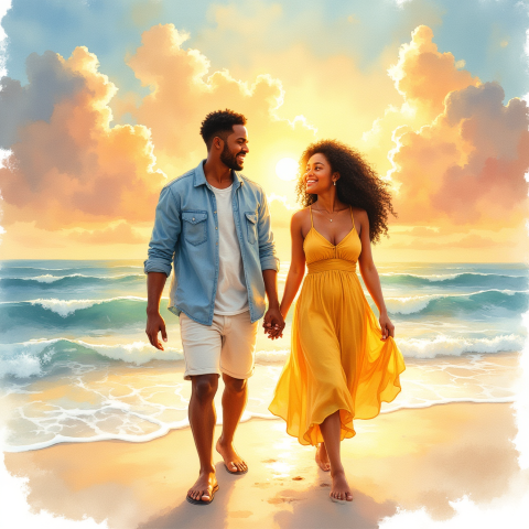 couple walking beach sunset