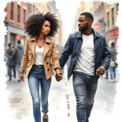 couple walking city street