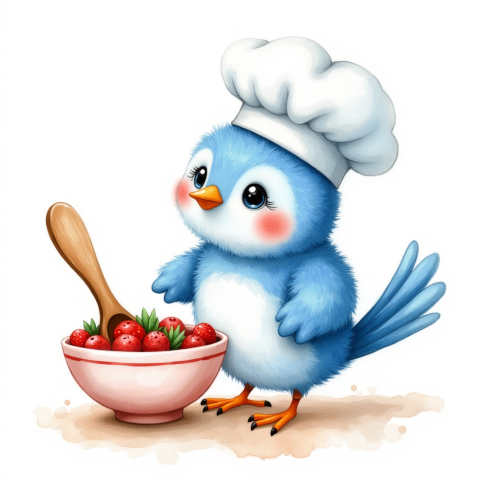 cute blue bird chef stirring strawberries