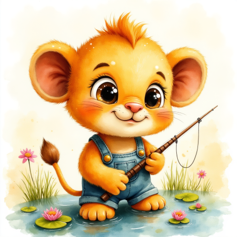 cute lion fishing illustration