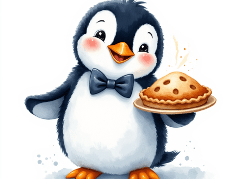 happy penguin serving pie