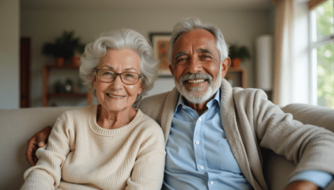 happy seniors couple home