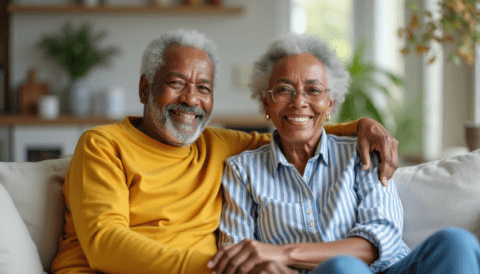 happy seniors couple living room