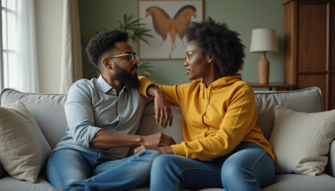 intimate conversation couple living room
