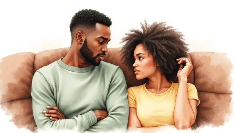 intimate conversation couple sitting sofa