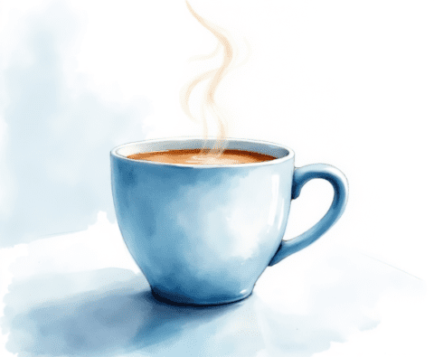 steaming blue coffee cup