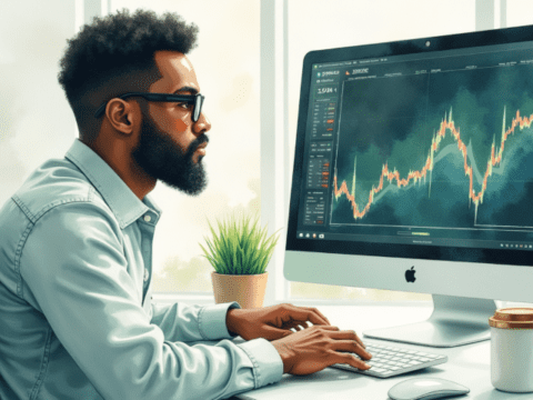 Free clipart illustration of a black stock market analyst viewing trade trend on computer (3)