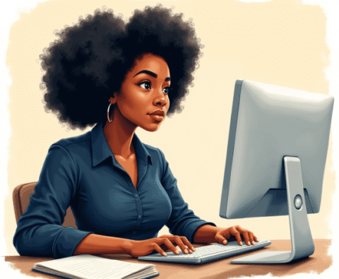 Free clipart illustration of female marketer using computer (10)