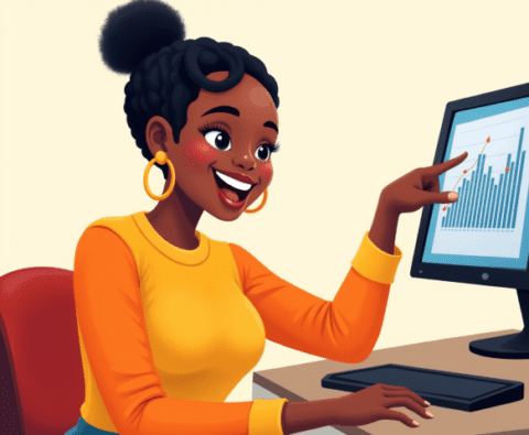 Free clipart illustration of female marketer using computer (2)