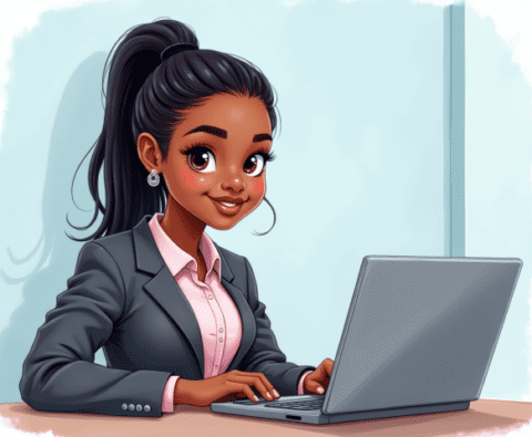 Free clipart illustration of female marketer using computer (3)