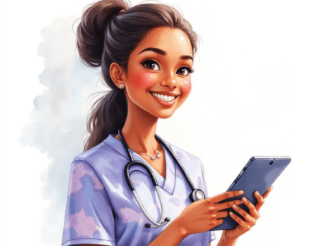 free clipart illustration of a nurse looking at medical report on her tablet (1)