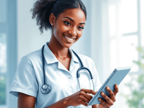 free clipart illustration of a nurse looking at medical report on her tablet (2)