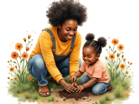 free clipart illustration of black mother gardening with child (17)