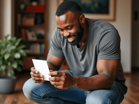 free stock photo of black father looking at greeting card