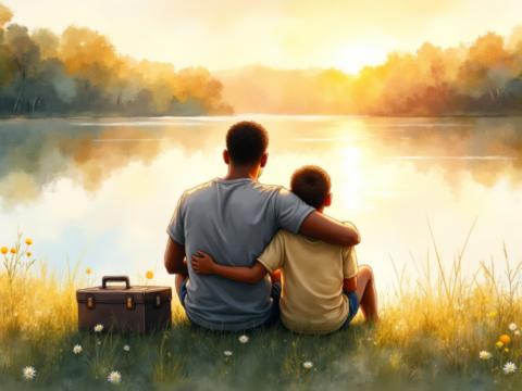free clipart fathers day father and child go fishing at pond (2)