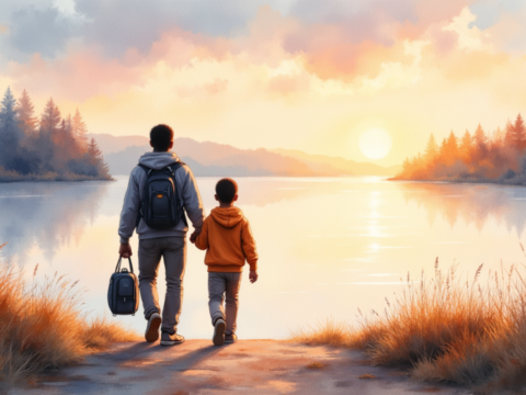 free clipart fathers day father and child go fishing at pond (5)